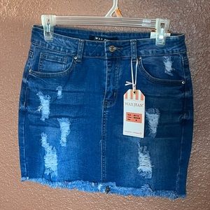 Light blue distressed jean skirt